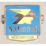 National Mercury Club enamel car badge, height 8cm