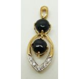 A 9ct gold pendant set with two round cut Mezezo opal cabochons and diamonds, 1.5g