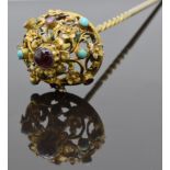 Victorian hat pin set with turquoise, garnets and enamel