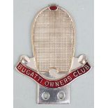 Bugatti Owners Club chrome and enamel car badge, height 9cm