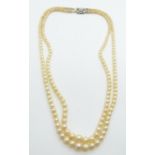 A two-strand cultured pearl necklace with 9ct white gold clasp set with a diamond