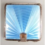 Art Deco blue guilloché enamel and hallmarked silver compact, London 1934 maker Saunders, Shepherd &