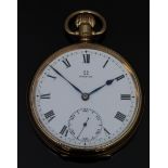 Omega 9ct gold keyless winding open faced pocket watch with subsidiary seconds dial, black Roman