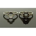 A platinum ring mount and a white gold ring mount set with diamond shoulders, size L & M, 5.00g