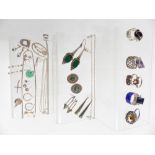 A collection of silver including rings, earrings, necklaces, Siam blue enamel ring, etc
