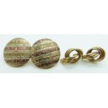 A pair of 10k gold knot earrings and a pair of yellow metal tri-coloured earrings (2.8g)