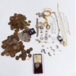 A collection of costume jewellery including, silver brooches, rings and fob, 9ct gold ring, coins