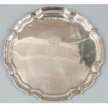 Hallmarked silver tray with shaped edge and military interest inscription relating to the Mercian