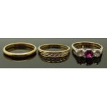 A 9ct gold wedding ring / band, a 9ct gold ring set with a synthetic ruby and paste and a 9ct gold