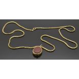 A 9ct gold double sided hardstone locket (6g) on a 9ct gold chain/ necklace (25g)