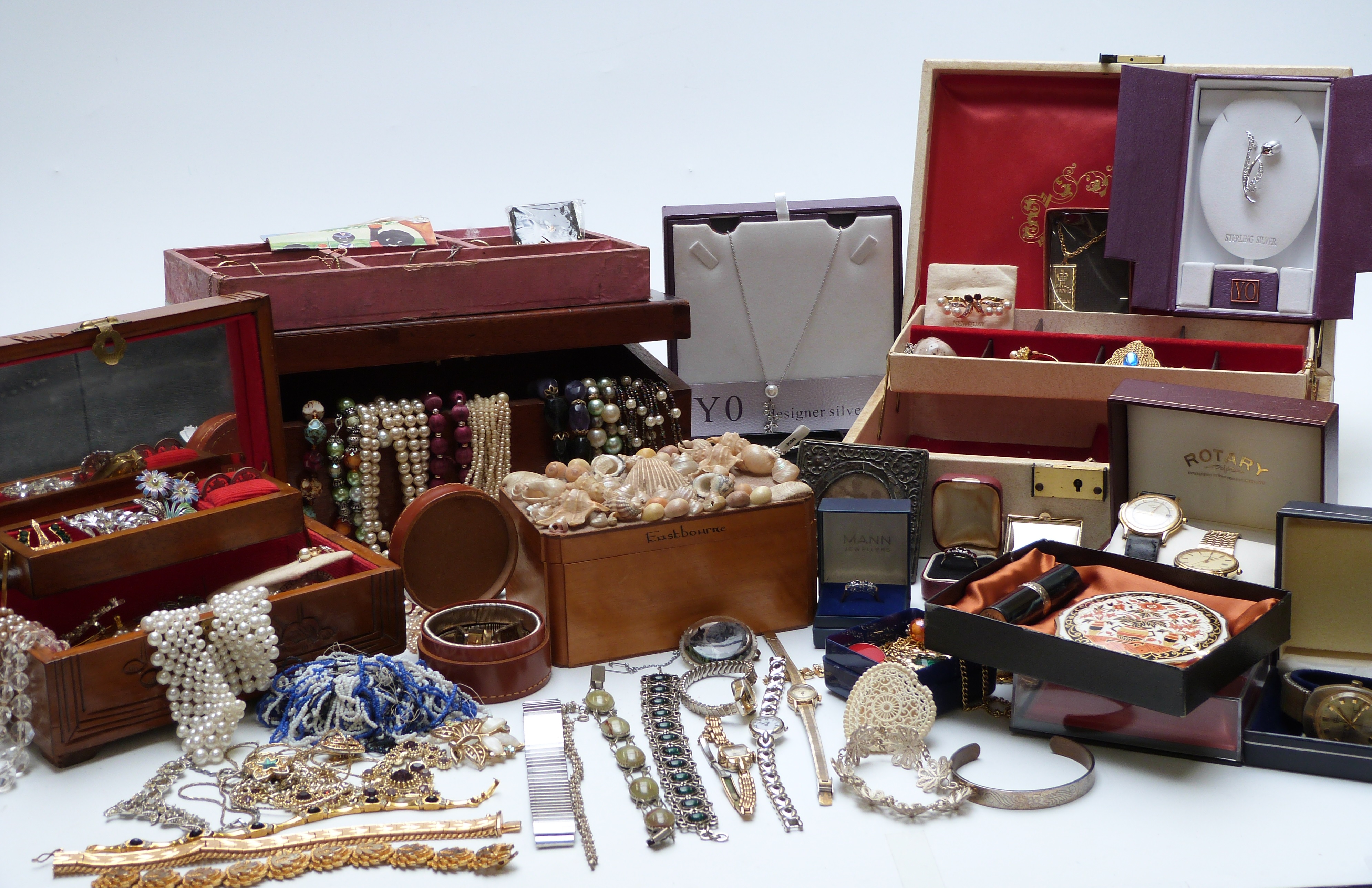 A collection of costume jewellery including Rotary watch, Victorian moonstone, lucite and vintage