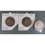 Three USA Morgan silver dollars, 1891, 1897 and 1921