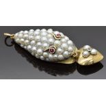 Victorian 9ct gold pendant in the form of a snake or serpent set with split pearls and ruby eyes,