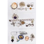 A collection of silver jewellery including brooches, pendants, cameo, rings etc