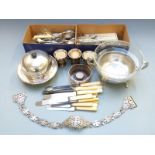 Silver plated ware to include serving dish with cut glass bowl, cutlery, knives, belt etc