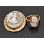 A 9ct gold brooch set with a cameo depicting an angel and a 9ct gold ring set with a cameo