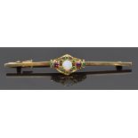A 9ct gold bar brooch set with section of a Victorian opal, tourmaline and garnet ring