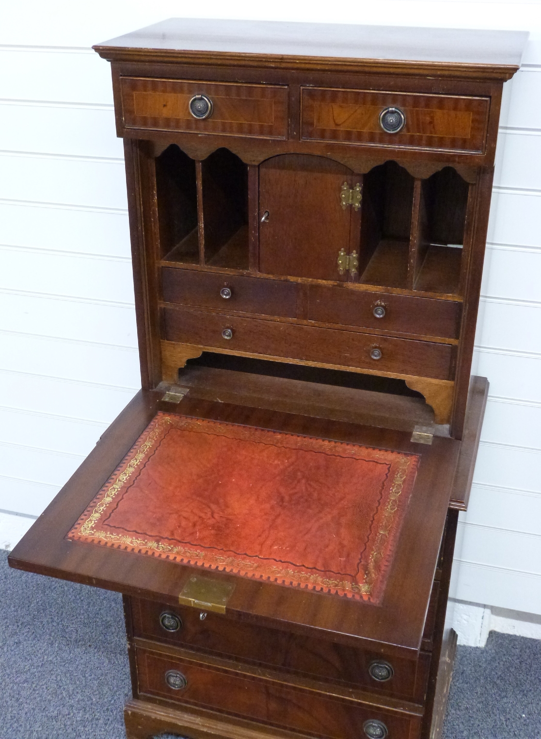 Mahogany secretaire chest of two over four drawers either side of a cabinet, opening to reveal a - Image 3 of 3