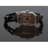 Rolex Art Deco platinum ladies wristwatch with diamond set and engraved case, blued hands, black
