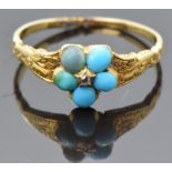 Victorian 18ct gold ring set with an old cut diamond surrounded by turquoise, with engraved