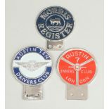 Three car badges comprising Austin Ten Drivers Club, Morris Register and Austin 7 Owners Club