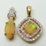 Two 9ct gold pendants each set with an opal and diamonds