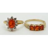 A 9ct gold ring set with three cushion cut Mexican fire opals and diamonds and a 9ct gold ring set