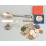 Hallmarked silver sovereign holder, mizpah brooch, dessert spoon with Exeter hallmark (43g), bone