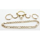 A 9ct gold bracelet, two pairs of 9ct gold earrings (2.3g) and a 14k gold ring (2.1g)