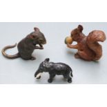 Three Austrian cold painted bronze animals comprising elephant, squirrel with acorn and a mouse,