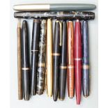 Eleven fountain and other pens to include Curzons Summit, Swan Leverless, Esterbrook, Parker