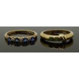 A 9ct gold ring set with peridot and a 9ct gold ring set with sapphires and diamonds, size N & O,