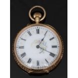 14ct gold keyless winding open faced pocket watch with blued hands, black Roman numerals, gilt and