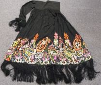 A 19th/20thC Chinese embroidered cloak with fringe and integral scarf tie, 170 x 110cm