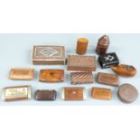 Fifteen wooden boxes including Vizagapatam or similar example, snuff boxes, burr wood example,