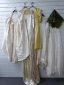 Four vintage wedding dresses, including one Nottingham lace example, lined ivory skirt etc