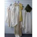 Four vintage wedding dresses, including one Nottingham lace example, lined ivory skirt etc