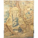 A section of a 17th/18thC wool tapestry of a figure with wine goblet and classical scene behind,