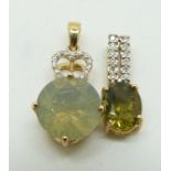 Two 9ct gold pendants set with green fire opal and diamonds, 3.8g