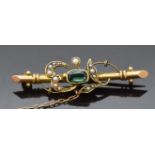 Edwardian 15ct gold brooch set with a tourmaline and seed pearls