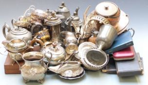 Silver plated ware including tea sets, cased cutlery, basket, studded bowl, James Dixon pewter