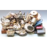 Silver plated ware including tea sets, cased cutlery, basket, studded bowl, James Dixon pewter