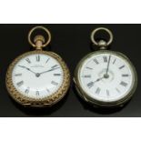 Two open faced pocket watches one Waltham gold plated keyless winding the other warranted 800