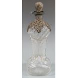 Edward VII hallmarked silver mounted glass glug decanter with pierced silver mount, Birmingham
