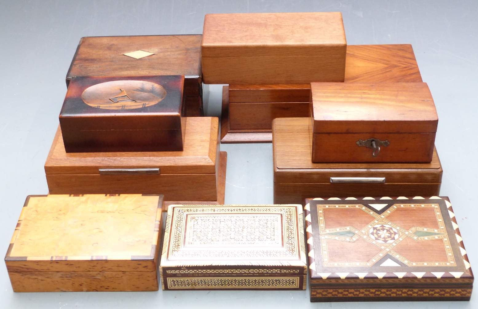 Ten wooden boxes including inlaid examples, walnut, mahogany, Art Deco, Vizagapatam style etc