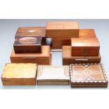 Ten wooden boxes including inlaid examples, walnut, mahogany, Art Deco, Vizagapatam style etc