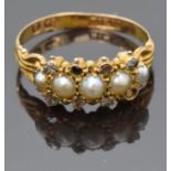 Edwardian 9ct gold ring set with split pearls and old cut diamonds, Birmingham 1901