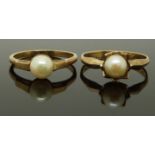 Two 9ct gold rings set with a pearl to each, size M & O/P, 3.81g