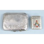 Hallmarked silver cigarette case, length 8cm, weight 60g together with an agate inlaid Masonic