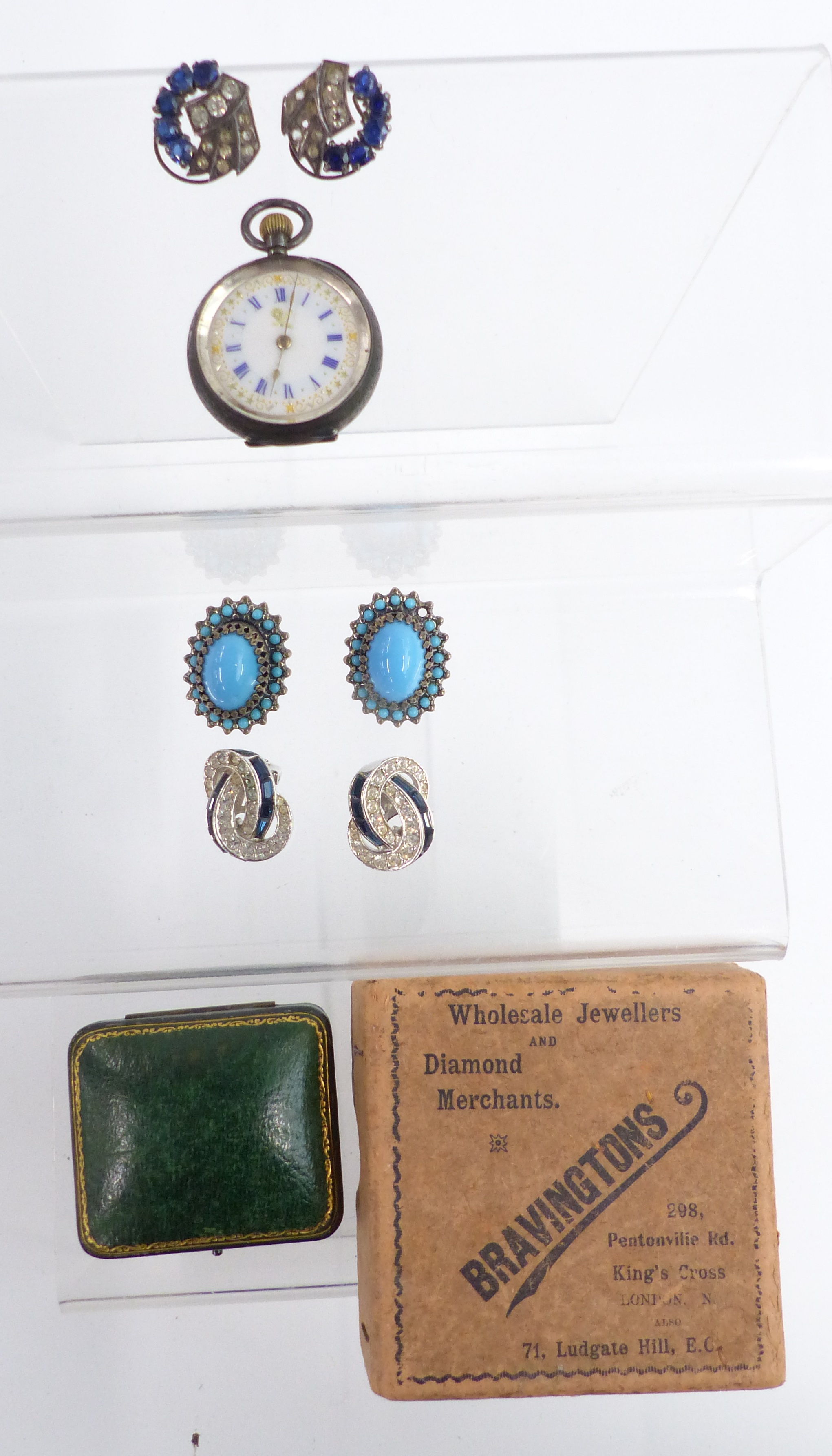 A pair of French silver earrings set with paste, a pair of Boucher earrings and one other pair,